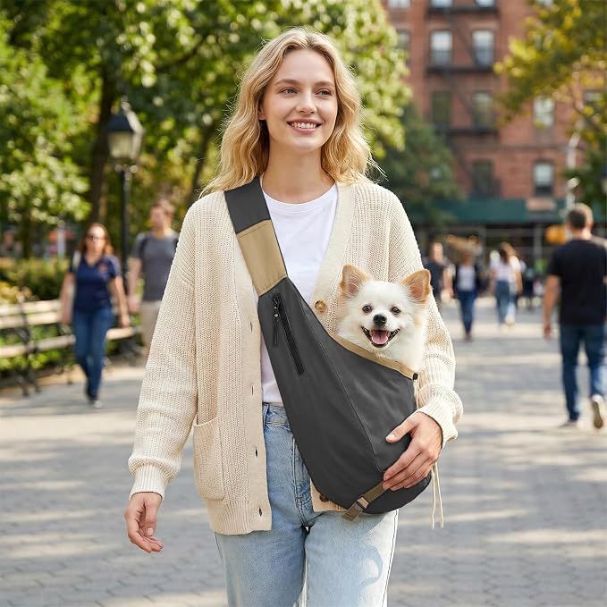 Dog Carrier Sling for Small Dogs/Cats Up to 15 lbs - Multi-Pocket Oxford Pet Sling Carrier Bag with Adjustable Strap (Black)