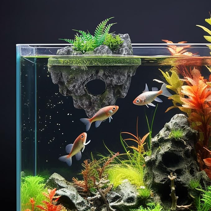 Floating Island Fish Tank Decorations – Aquarium Decor with Hideout Tunnel, Betta Fish and Shrimp Cave, PVC Aquarium Accessory with Artificial Plants