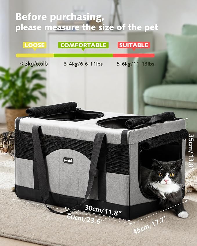 Pecute Cat Carrier, Soft Double Pet Crate for 2 Cats Travel, Gray | 5mm Anti-collapse Frame, Convertible Dual Space, Foldable, Polyester Breathable mesh, Up to 26 lbs, Car Travel & Vet Visits