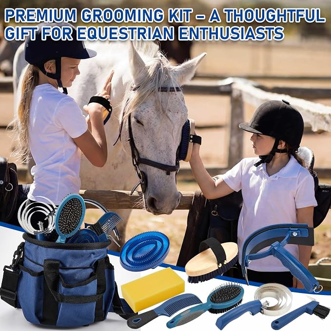 Cunhill 9 Pcs Horse Grooming Kit Tack Room Supplies Set with Tote Bag, Oval Massage Curry, Hard and Soft Brush, Hoof Pick, Sweat Scraper, Bathing Sponge, Comb for Horse Rider(Classic,Dark Blue)