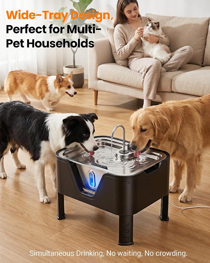 3.17Gal/ 12L Large Dog Water Fountain Elevated Dog Bowls with 3 Filters | 3-Height Adjustable Dog Water Bowl Dispenser, Quiet Stainless Steel Pet Water Fountain for Multi-Pet, Water Level Alert