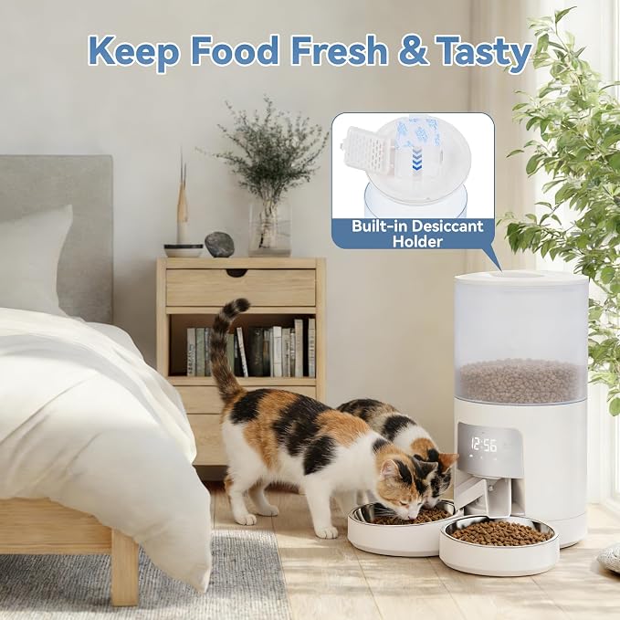 DUMOS 6L Automatic Cat Feeder for 2 Cats, Timed Pet Food Dispenser - White | 2 Stainless Bowls, 10s Voice Call, Dual Power Supply, 6 Meals Per Day, 50 Portions Per Meal, Dual Pet Feeder for Cat and Dog