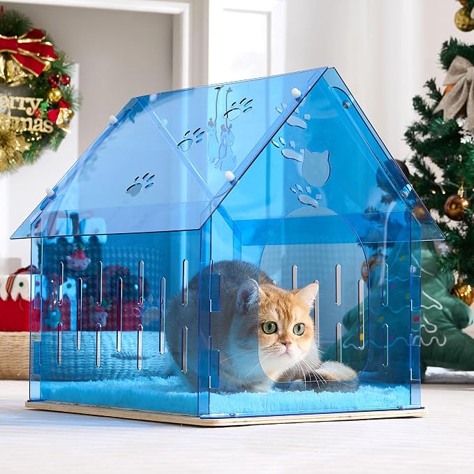 Acrylic Cat House for Indoor Cats, Transparent Cat Bed Cave with Plush Cushion & Hanging Toys, Modern Ventilated Cat Condo with Sturdy Wooden Base for Adult Cats & Kittens up to 15 lbs, Blue