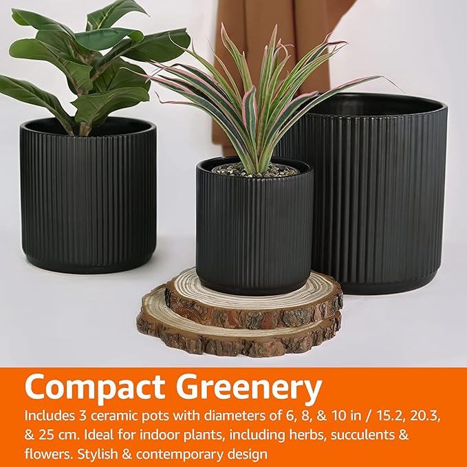 Amazon Basics Fluted Ceramic Planters for Indoor Outdoor Plants, Round Flower Pots with Drainage Hole, Set of 3, 6 inch, 8 inch, 10 inch, Black