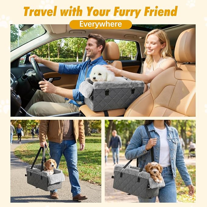 Center Console Dog Car Seat for Small Dogs&Cats Under 12 LBS | Puppy Car Seats with Non-Slip&Strong Support, Anti-Collapse Portable Pet Bed for Puppies with Soft Cushion Safety Belt, Gray