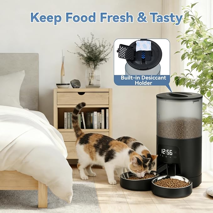 DUMOS 6L Automatic Cat Feeder for 2 Cats, Timed Pet Food Dispenser, Black | 2 Stainless Bowls, 10s Voice Call, Dual Power Supply, 6 Meals Per Day, 50 Portions Per Meal, Dual Pet Feeder for Cat and Dog