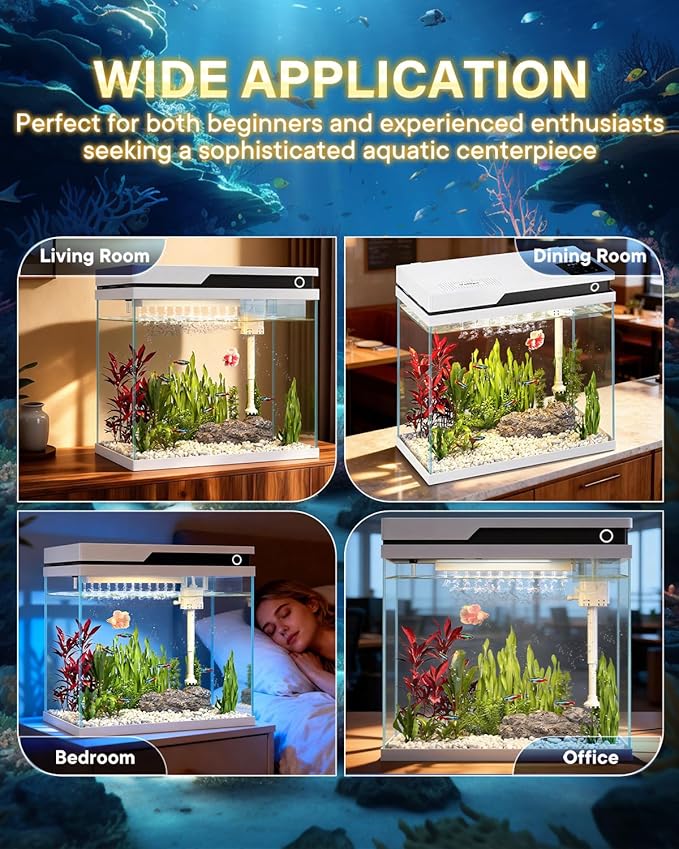 Vehipa Fish Tank, Smart Fish Aquarium Kit 7 Gallon with Auto Feeder, Humidifier, 4-in-1 Silent Pump, Adjustable Lighting & Temperature Display for Desktop, Office, Room