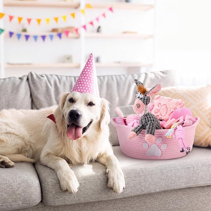 Zopeal 17 Pcs Summer Puppy Gift Set, Dog Toy & Essentials Bundle with Chew Toys, Poop Bag Dispenser, Grooming Brush, Training Bell, Blanket & Rope Basket (Pink,Donkey)