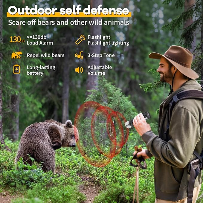 130dB Electronic Bear Deterrent Air Horn Rechargeable, 3 Tone High Volume Bear Deterrent Device Handheld with LED Flashlight Lanyard for Hiking Camping Emergency Outdoor Survival (Black)