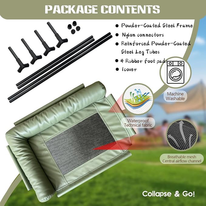 Raised Dog Beds for Small Dogs, Cooling Indoor Outdoor Elevated Bolster Dog Cot Hammock with Metal Frame Breathable Mesh, Portable Dog Sofa Camping Dog Bed (Green, 23.62 * 15.75 * 5.91)