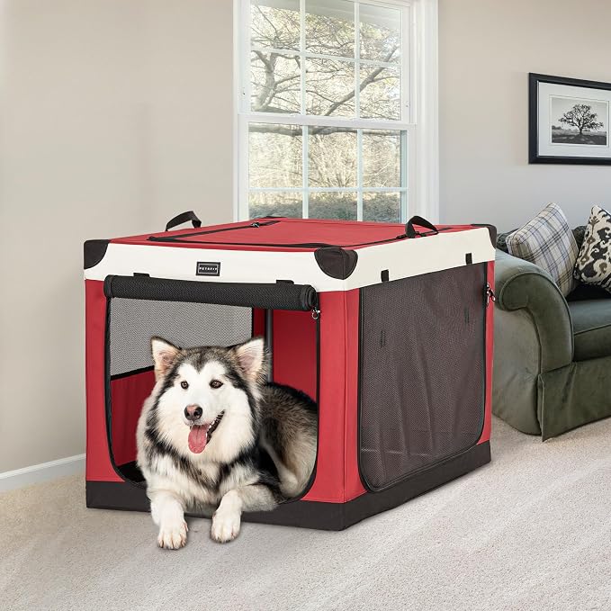 PETSFIT 40" Soft Portable Dog Crate – Patented Spiral Sturdy Frame, Collapsible Travel Kennel for Large Dogs, 3 Mesh Door, Lockable Zippers, Indoor & Car Use Red