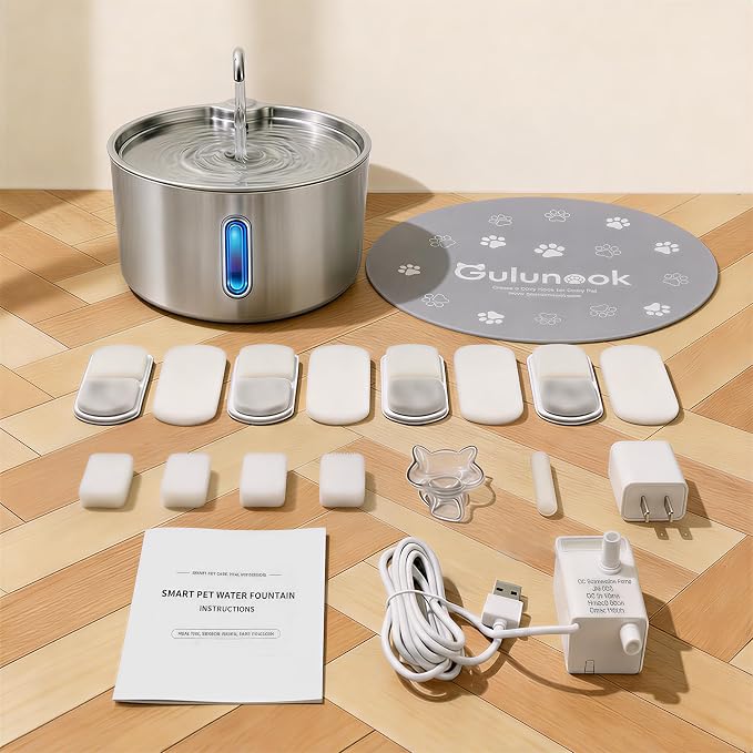 Stainless Steel Cat Water Fountain, 4L Quiet Pet Fountain for Cats & Dogs | Dog Water Fountain, 135oz Large Capacity, Small Dogs, USB Powered, 3 Flow Options, Triple Filtration, 4 Filters & 4 Sponges