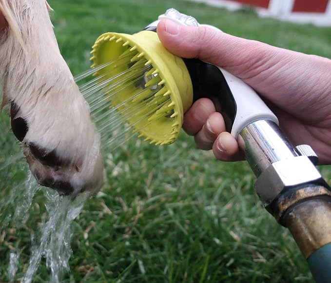 Outdoor Dog Wash Garden Hose Nozzle for Bath and Quick Paw Rinses. Splash Shield Handle and Rubber Grooming Brush. Metal Connection. Swivels on Hose with Water Pressure Control.
