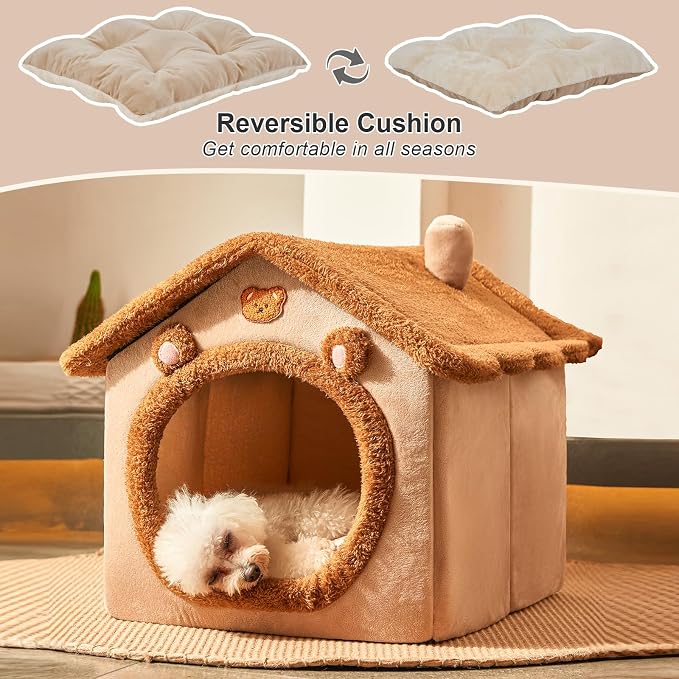 Cute Cat Beds for Indoor Cats,Foldable Cat House with Non-Slip Bottom,Brown | S Size Kitten Bed for 0-6 Lb Dogs and 0-8 Lb Cats,Cat Nest Puppy Cave,Soft Cozy Dog Cave Bed