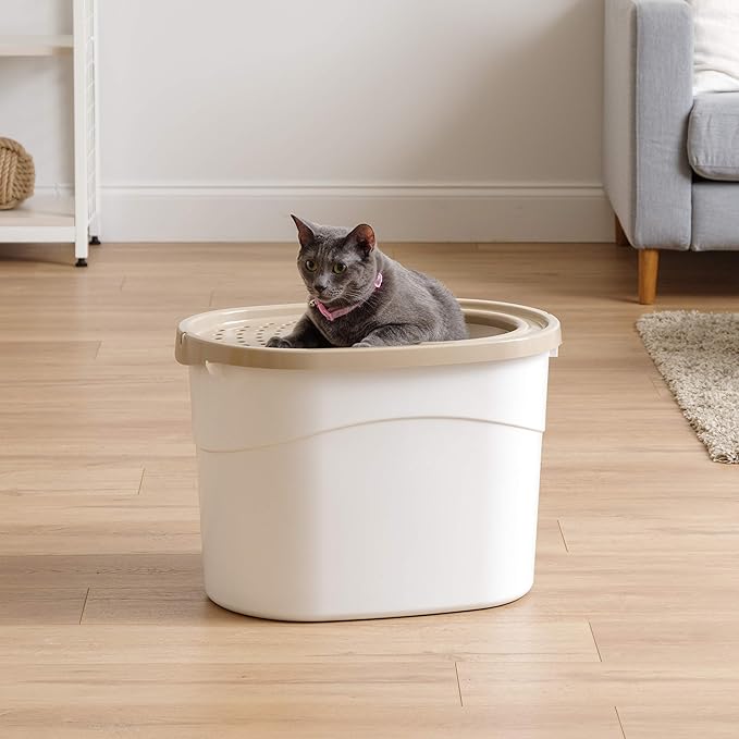IRIS USA Cat Litter Box Large Top Entry with Lid Enclosed Covered Hooded Design Litter Catching Scatter Shield Pan Dog Proof Pet Proof Scoop Included Odor Control for Indoor Cats Kittens White/Beige