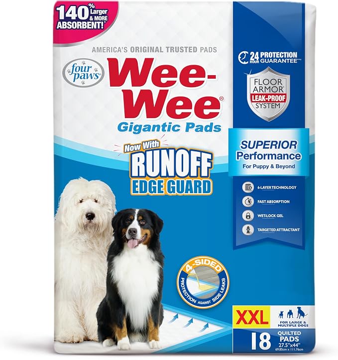 Four Paws Wee-Wee Superior Performance Gigantic Dog Pee Pads, 18 Count | Puppy & dog potty training pads, all day floor protection, housebreaking pet supplies, leak-proof puppy pads, 27.5" x 44"