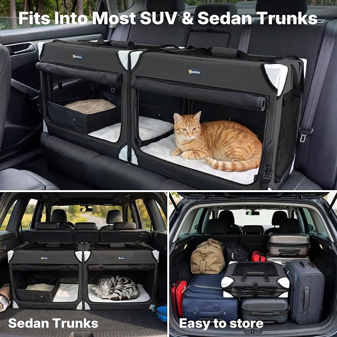 Veehoo Extra Large Cat Travel Carrier with Litter Box for 2 Cats, 48 inch Collapsible Dog Crate for Small Medium Dogs, 2 in 1 Cat Pet Puppy Kitten Foldable Car Carrier Soft Sided for Road Trip, Black