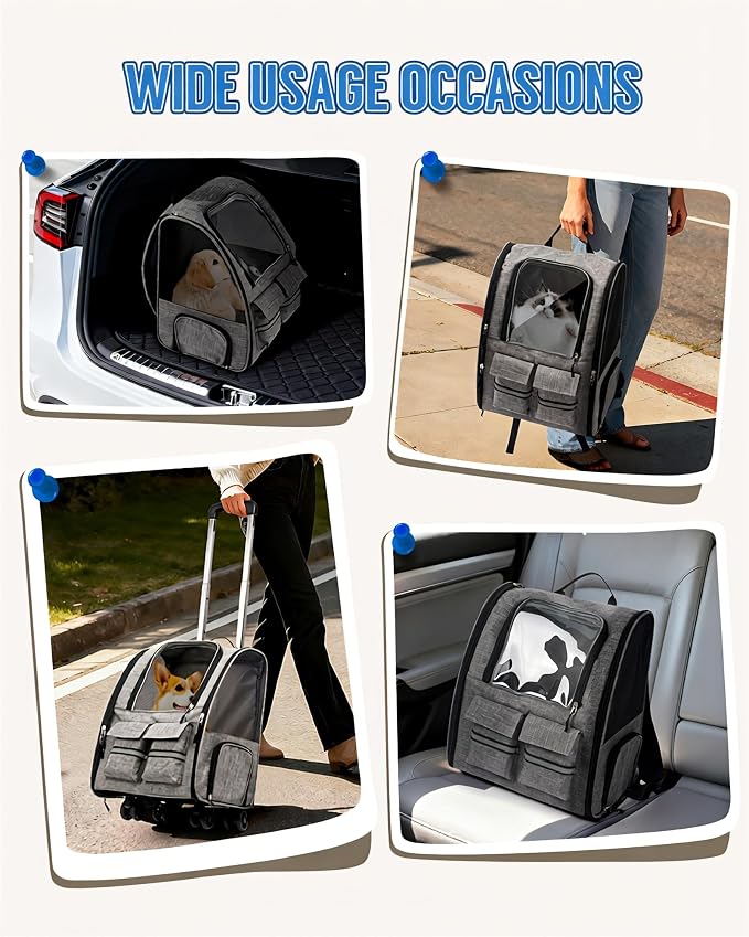 Rolling Pet Carrier with Wheels, Polyester, Soft-Sided Collapsible, Large, Travel, with Telescopic Handle and Folding Bowl (Gray Wheeled Carrier Set)