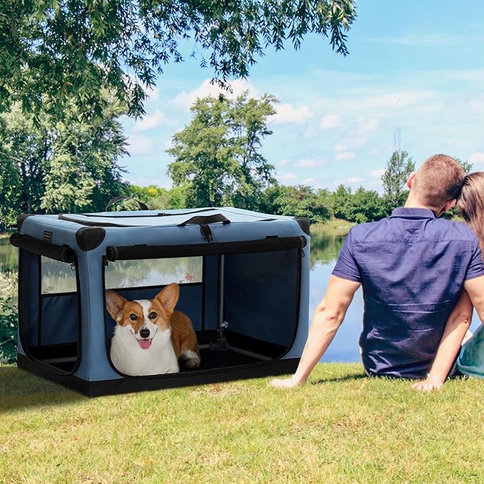 PETSFIT 30" Soft Portable Dog Crate – Patented Spiral Sturdy Frame, Collapsible Travel Kennel for Medium Dogs, 3 Mesh Door, Lockable Zippers, Indoor & Car Use Blue