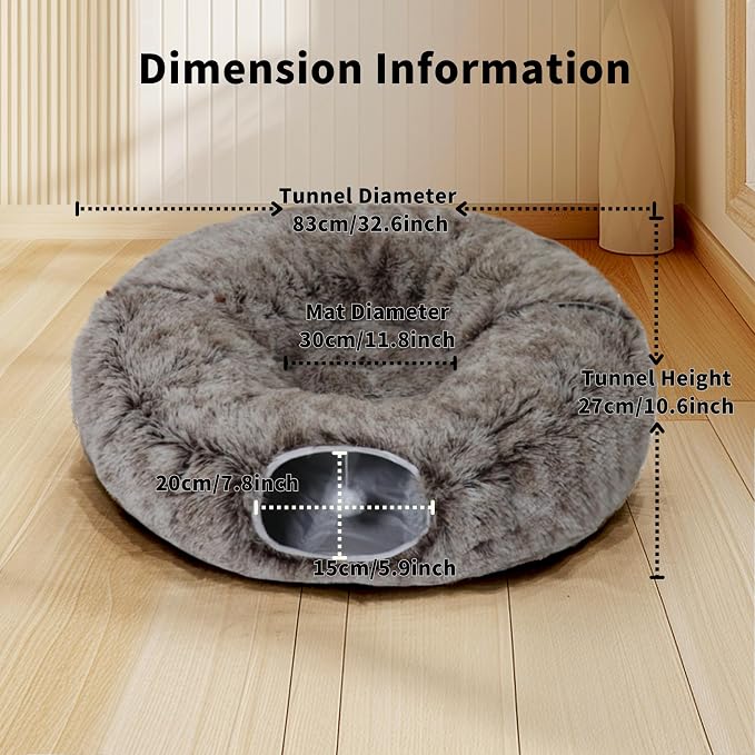 Cat Tunnel Bed for Indoor Cats with Washable Cushion Cat Cave Donut Tunnel with Fluffy Ball Big Round Tube Pet Playground Toys Soft Plush Peekaboo for Kitten, Cat, Puppy, Rabbit, Ferret(Brown)