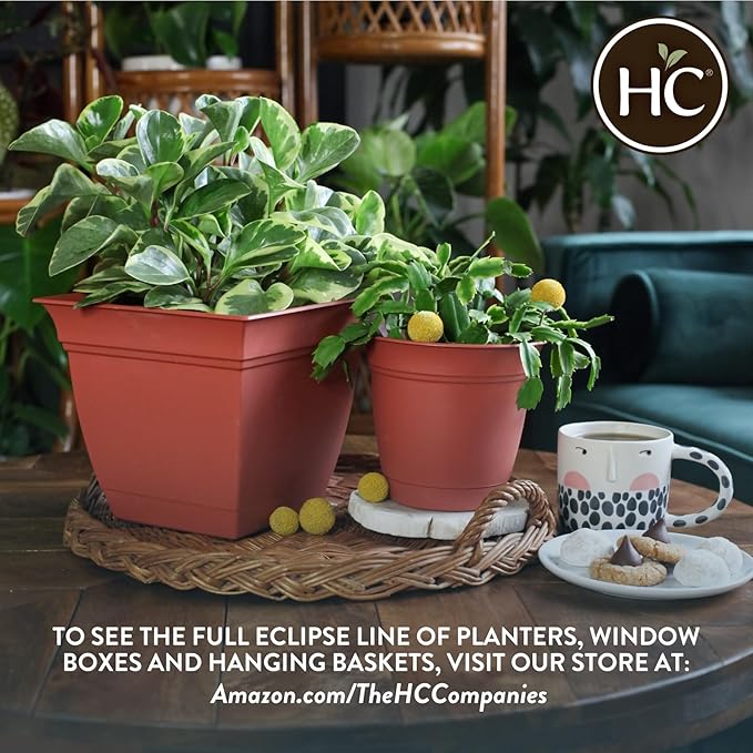 The HC Companies Eclipse Round Planter with Saucer - Outdoor & Indoor Plant Pot with Drainage Holes - Lightweight, UV-Resistant Plastic Pots for Plants, Flowers & Herbs (12" Clay, Pack of 1)