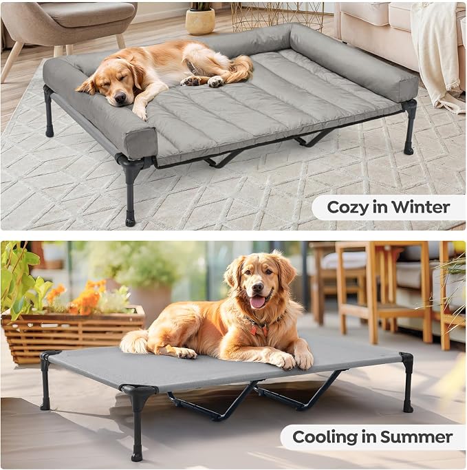 Veehoo Cooling Elevated Dog Bed Add Removable Waterproof Bolster Cushion Mat, Raised Pet Cot with Breathable Teslin Mesh, No-Slip Feet, Dog Couch Bed for Indoor Outdoor, 59x37.5inches, Grey, CWC2331B