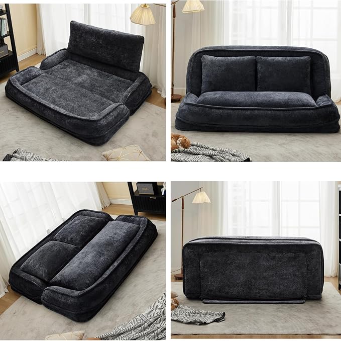 Foldable Lazy Sofa Bed, Double Human Dog Bed for Adults, Black | Skin-friendly Breathable Soft Chenille Upholstered, 5 Adjustable Backrest Positions, 3 Soft Cushions for Living Room