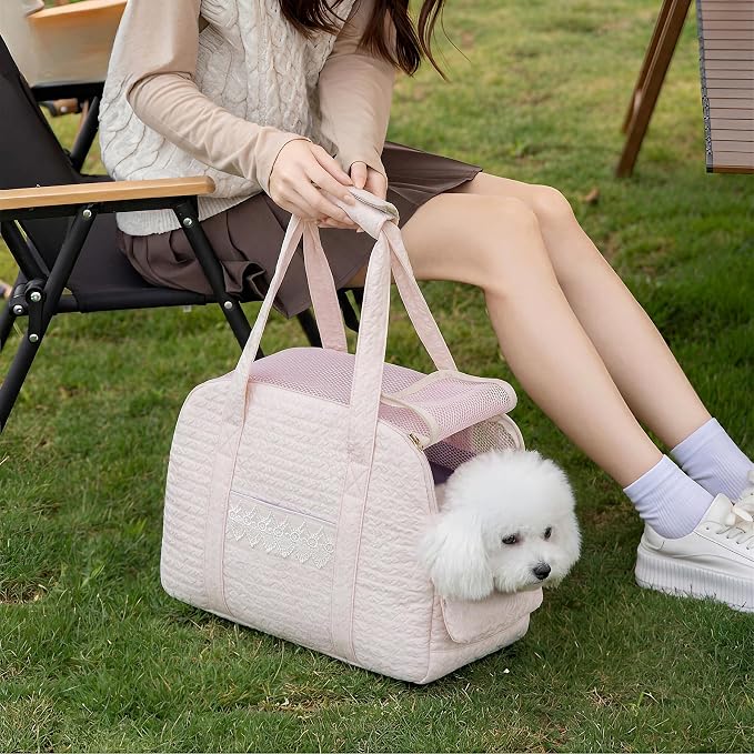 Dog Carrier Tote Bag, Foldable Soft Sided Breathable Mesh Lightweight Travel Handbag with Padded Handles, Lace Decor Portable Pet Purse for Small Puppy Kitten Cat Up to 15 Lbs (Pink)