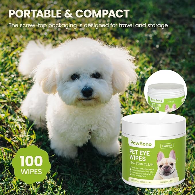 PawSono Eye Wipes for Dogs & Cats, Hypoallergenic Dog Eye Wipes Cleaner, Natural Cleaning Grooming Pet Wipes Gently Remove Tear Stain, Eye Debris, Discharge, Mucus, Non-Irritating, Unscent, 100 pcs