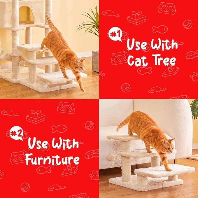 15''H Multi-Step Pet Stairs for High Beds & Sofas, 3-Step Cat Stairs with 2 Toy Balls, Wide Boards for Indoor Kittens Dogs Pets Climbing, Beige
