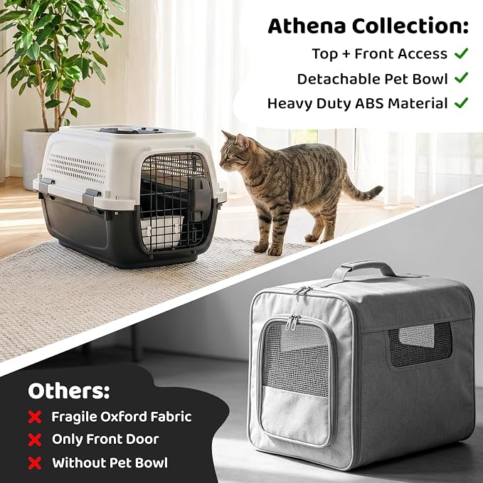 Athena Collection 23" Hard-Sided Pet Carrier with Food Bowl, Grey | Hard-Sided Protection with Top & Front Door Access, 4-Sided Ventilation for Small Dogs and Cats up to 26 LbS