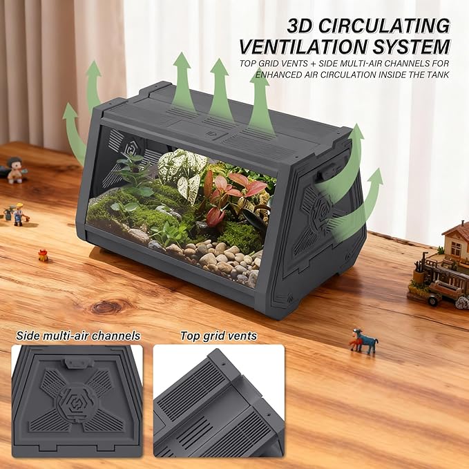 Smart Lighting Reptile Terrarium with Timer & Dual-Mode LED/UVB - Adjustable Brightness All-in-One Habitat, Wide View Escape-Proof Dual Doors for Gecko, Frog, Tarantula, Snake or Insects