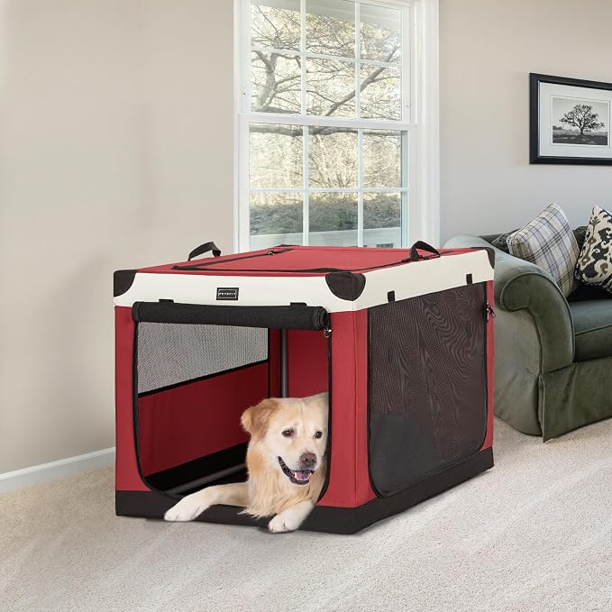 PETSFIT 36" Soft Portable Dog Crate – Patented Spiral Sturdy Frame, Collapsible Travel Kennel for Medium & Large Dogs, 3 Mesh Door, Lockable Zippers, Indoor & Car Use Red