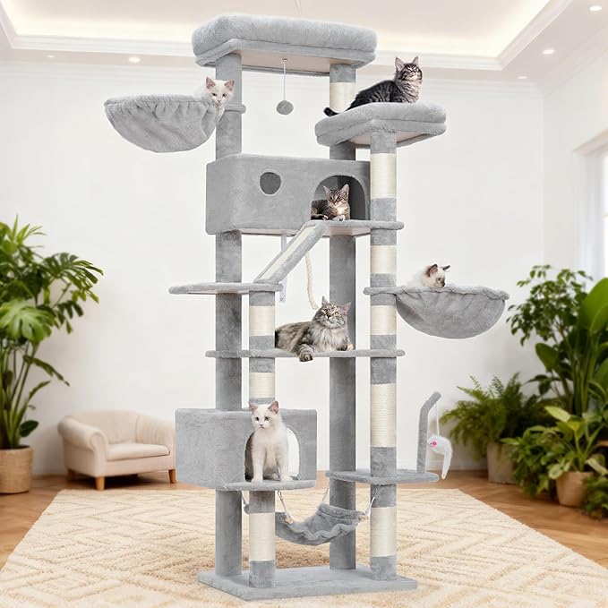 Gitelsnour Cat Tree for Large Cats, 78.7"(200cm) Tall Cat Tower for Indoor Cats Multiple Cats with Large Top Perch, Cat Condo, Cat Hammcok, Cat Scratching Post, Light Gray GCT031W