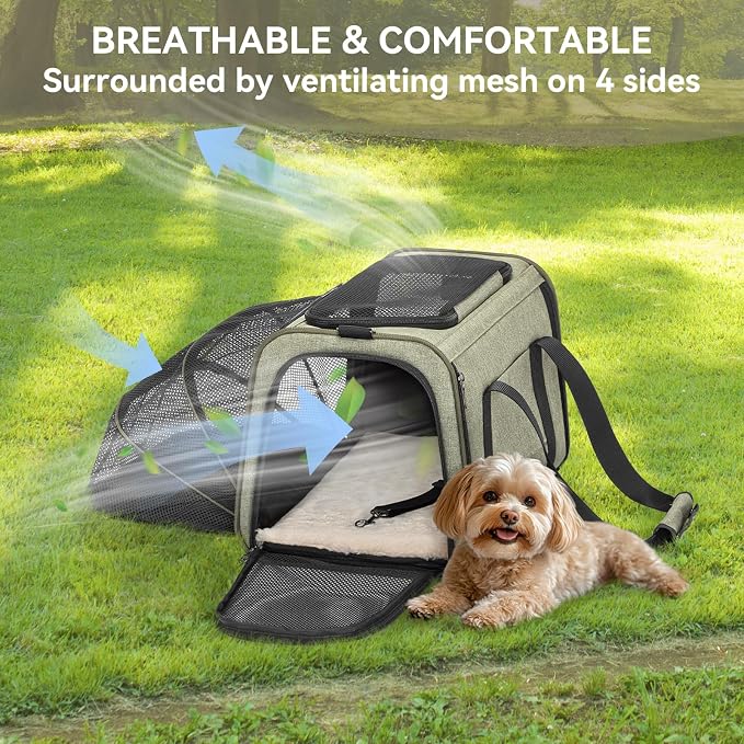 Petsfit Medium Expandable Cat Carrier for Air Travel, Up to 13 lb | 17 x 11 x 11 in; sized for Delta Airlines, with locking zippers, a handy D-ring, large pocket and multi-side ventilation.