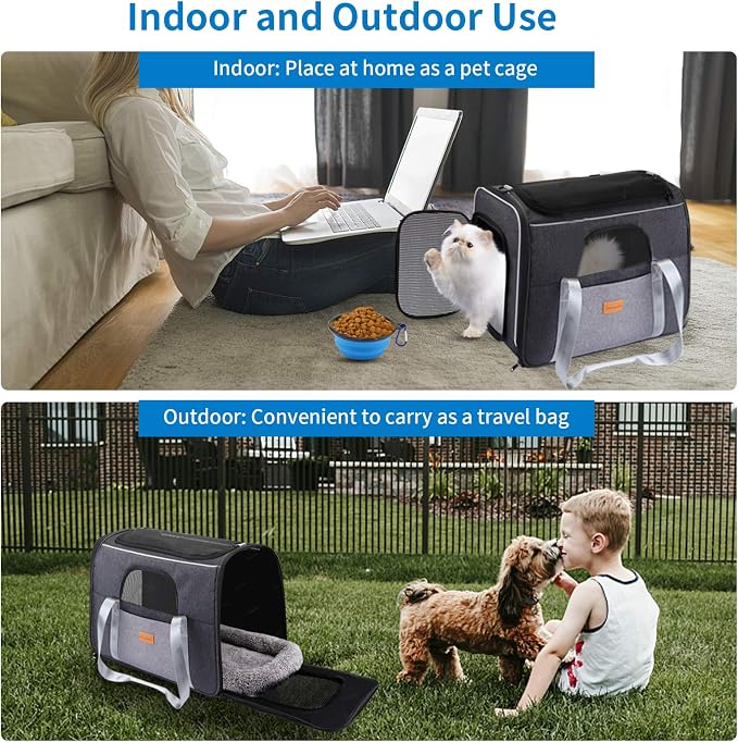 Morpilot Top and Side Expandable Cat Carrier, Collapsible Soft-Sided Pet Carrier for Medium/Large Cats and Puppies up to 20lbs for Car Rides and Vet Visits, with Dual-Sided Cushion& Bowl (Brown)