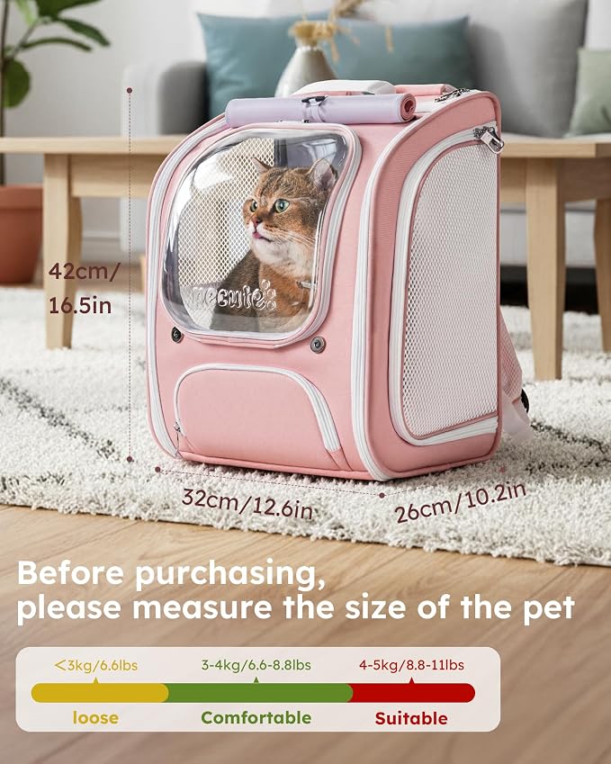 Pecute Cat Backpack Carrier,Large Space Cat Bubble Backpack,Ergonomic,Pink | Sunshade Curtain,Transparent Window,Safety Rope,Sturdy,Large Mesh on Both Sides for Breathability,Suitable for Outdoor,Vet