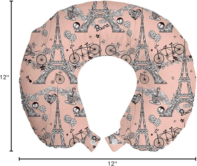 Ambesonne Eiffel Travel Pillow Neck Rest, Retro Bicycles Coffee Heart Balloons French Landmark Swirls, Memory Foam Traveling Accessory for Airplane and Car, 12", Salmon White
