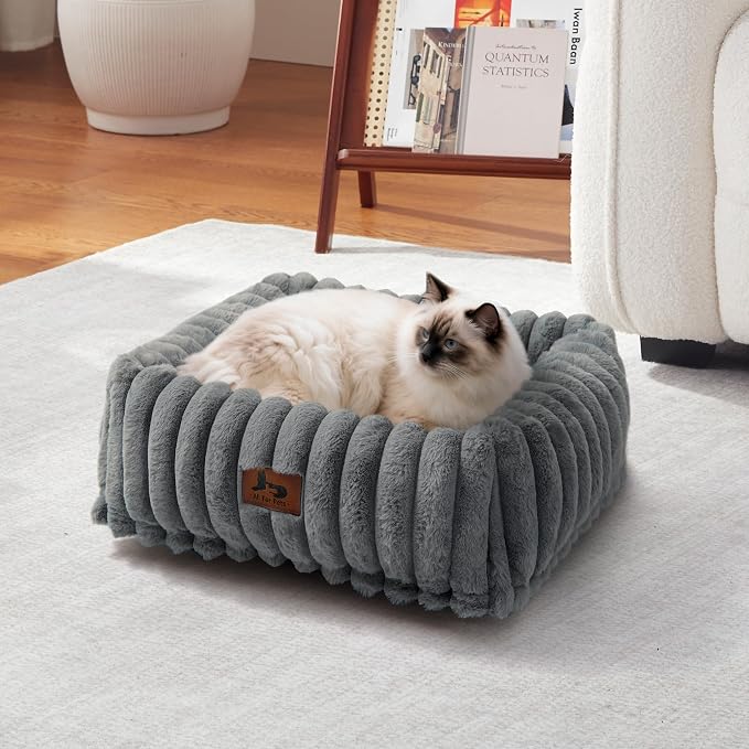 Cute Dog Bed for Small Dogs & Cats,Washable Fluffy Cat Beds for Indoor Cats, Rectangle Orthopedic Memory Foam Puppy Beds with Anti-Slip Bottom, 20 x19 x 7 Inches, Grey(20x19x6inchs)