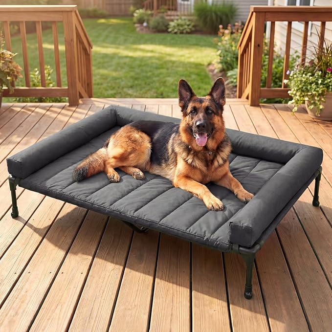 Veehoo Outdoor Elevated Dog Bed with Waterproof Bolster Cushion, Cooling | Raised Dog Bed with Removable & Washable Mat Topper, Breathable Mesh, Dog Couch Cot for Indoor Outdoor, 53", Large, Black