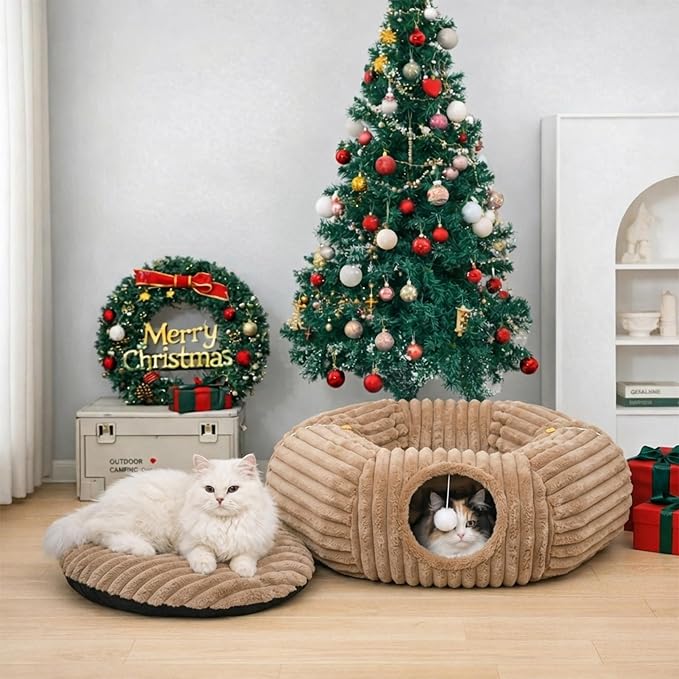 Dogpals Cat Tunnel Bed Cave 33" Lx10 Wx10 H for Indoor Cats(Khaki) | Washable Cozy Cushion, Soft Striped Plush Fabric, Hideaway Peekaboo Cave for Kittens, Puppies, Rabbits & Small Pets