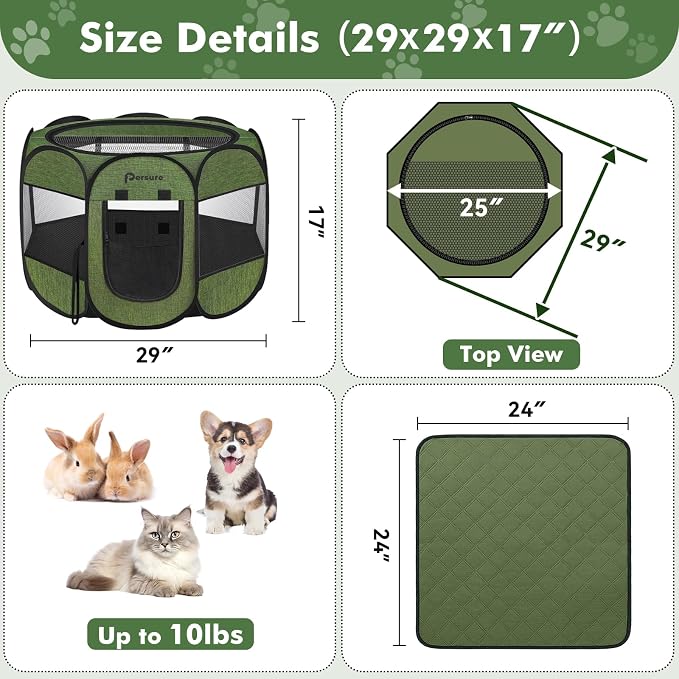 Persure Dog Cat Pet Playpen Puppy Crate Cage for Indoor Outdoor Travel | Nursing Rest Zone Recovering Pet Quarantine Room Portable Pop Up Easy to Set up lightweight(Premium Green with Pad,Small)