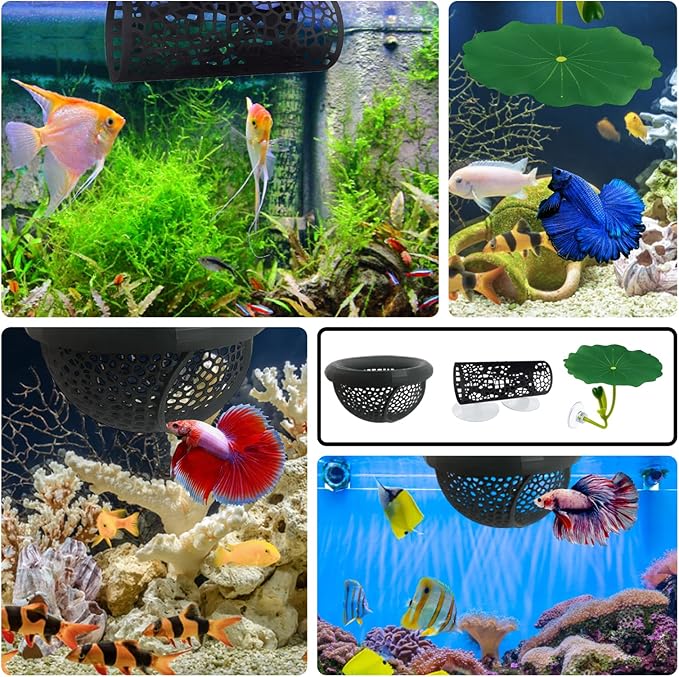 3-Piece Set Fish Tank Decor, Large Black and Small Black Decorations with Lotus, Betta Fish Toys for Aquarium, Beta Hammock for Fish Tank