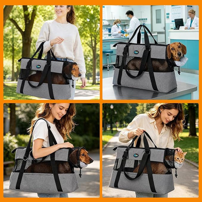 Ownpets XL Cat Dog Purse Carrier, Grey Breathable Mesh, Fits 20lbs | Summer ventilation, lightweight design, shoulder strap, travel vet shopping, grey