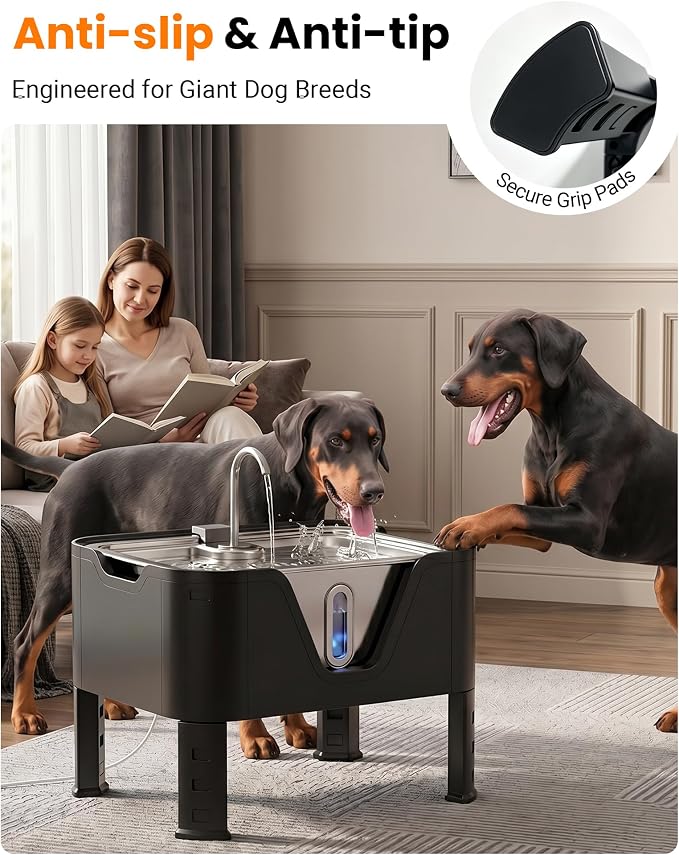 4.75Gal/ 18L Large Dog Water Fountain Elevated Dog Water Bowl & 3 Filters | 3-Height Adjustable Dog Water Bowl Dispenser, Quiet Stainless Steel Pet Water Fountain for Giant Breeds, Water Level Alert