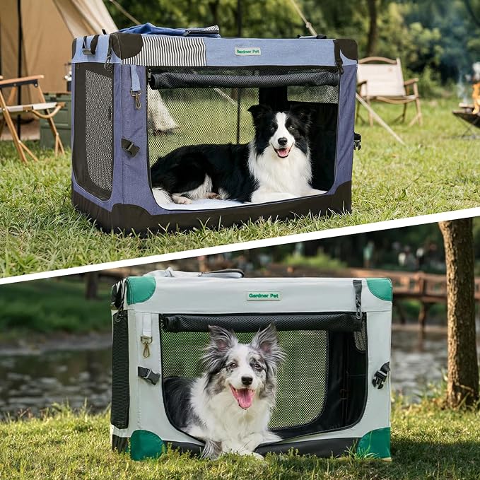 Gardner Pet Soft Collapsible Dog Crate - 36 Inch Portable Travel Dog Crate for Medium/Large Dogs Indoor & Outdoor, 3-Door Pet Crate with Durable Mesh Windows & Storage Bag, Blue