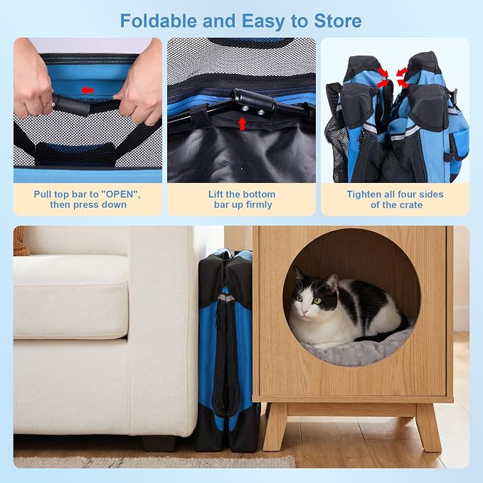 Ownpets Extra Large Cat Carrier for 2 Cats Small Dogs, 24 Inches Collapsible Soft Dog Crate for Car Travel, Portable Pet Carrier with Soft Mat, Blue | Foldable, Portable, 4-Doors, 4-Side Mesh Windows, Steel Frame Oxford Cloth, Soft Cushion Mat, Leash, ...