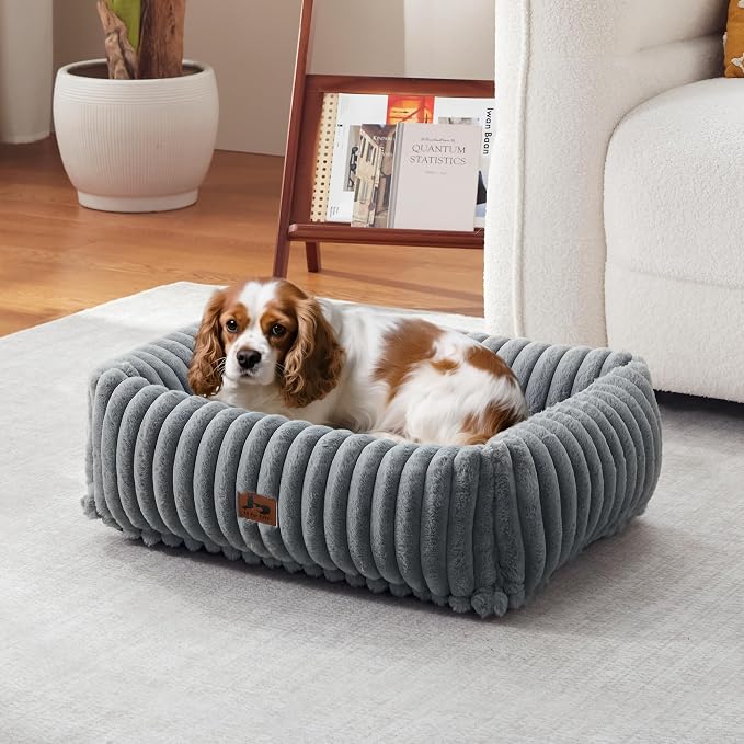Washable Dog Bed Small Medium Size Dog, Rectangle Orthopedic Pet Bed for Car and Indoor,Fluffy Memory Foam Dog Beds with Anti-Slip Bottom,Grey(25x21x7inchs)