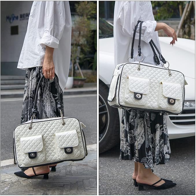 Pet Carrier Fashion Dog Carrier Purse Leather Tote Handbag Bag for Small Puppies Dogs Cat Small Animals Soft TSA Airline-Approved (White)