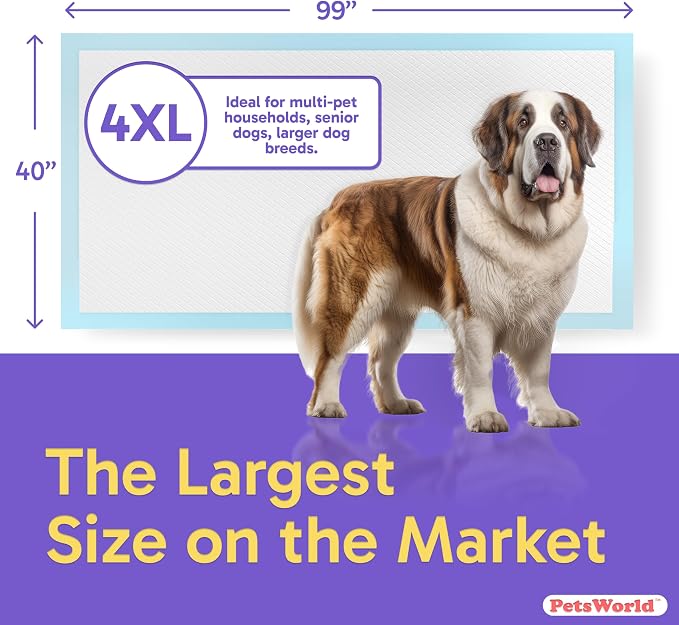 PETSWORLD Mega-Sized Dog Pee Pads (40" x 99") – 4XL Gigantic Pet Piddle Pads for Puppy Training, Incontinence – with Adhesive Sticky Tape – Leak Proof, 5-Layer Protection (320 Count)